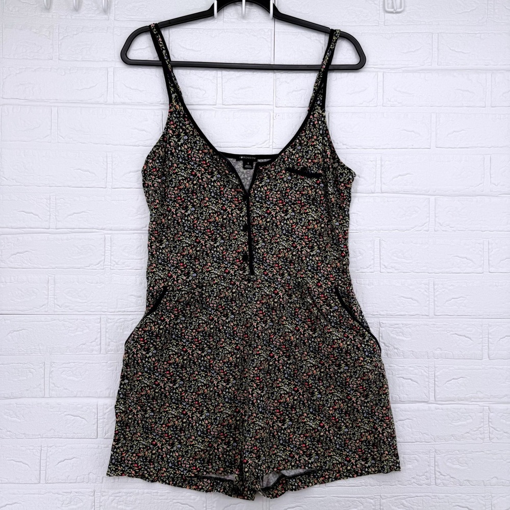 I Heart Ronson Romper Womens Small Black Floral Sleeveless Henley Pocket